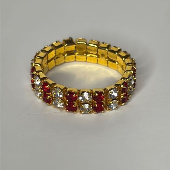 Double Gold Tone White and Red Crystal Banded Stretch Ring Size 6-15 - Picture 4 of 4